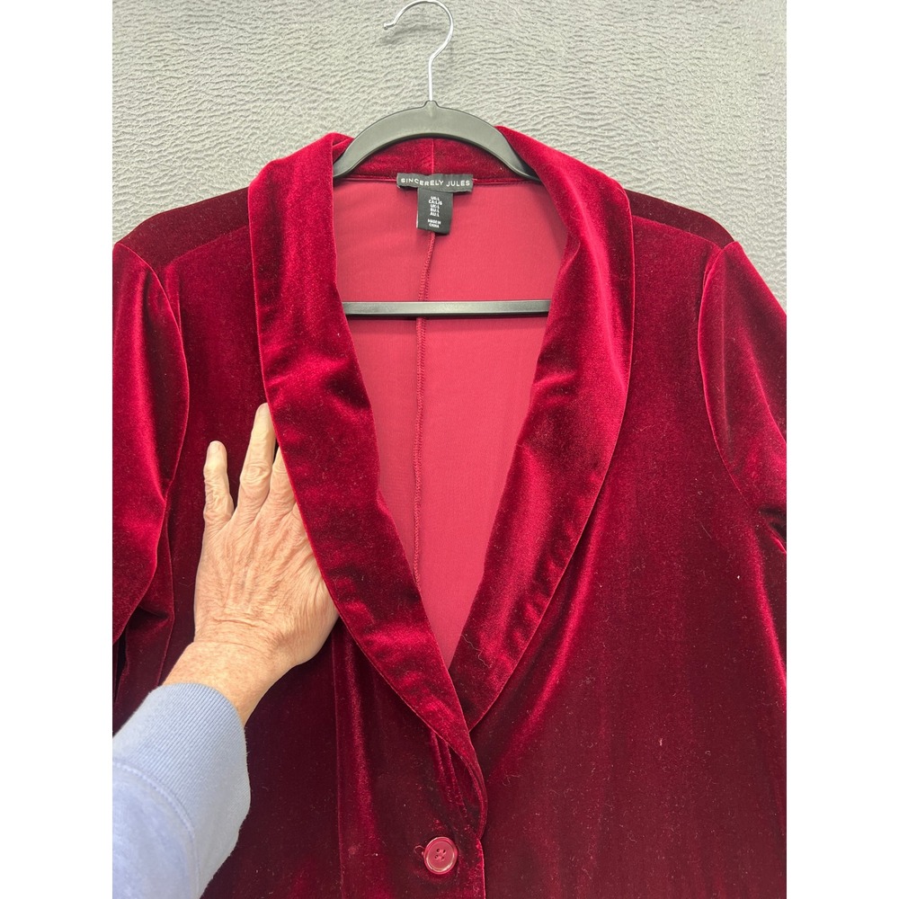 Sincerely Jules Blazer Women L Red Velvet Jacket Shawl Lapel Single Button - Picture 3 of 10